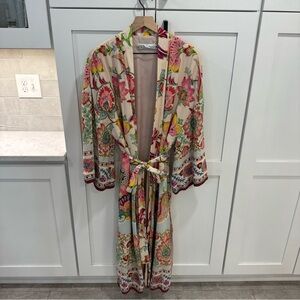 Zara Floral Kimono Robe boho belted size L beach satin lined side slits
